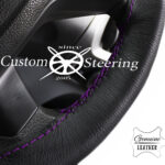 HONDA JAZZ REAL BLACK ITALIAN LEATHER STEERING WHEEL COVER PURPLE STITCHING 2004-2012