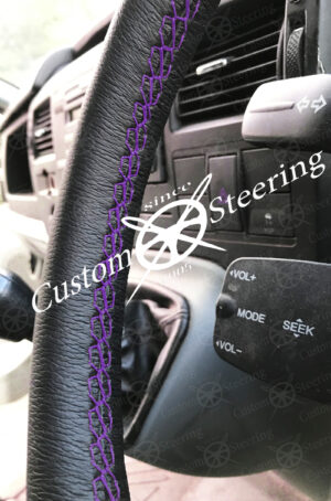 HONDA JAZZ REAL BLACK ITALIAN LEATHER STEERING WHEEL COVER PURPLE STITCHING 2004-2012 - Image 2