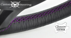 HONDA JAZZ REAL BLACK ITALIAN LEATHER STEERING WHEEL COVER PURPLE STITCHING 2004-2012 - Image 4