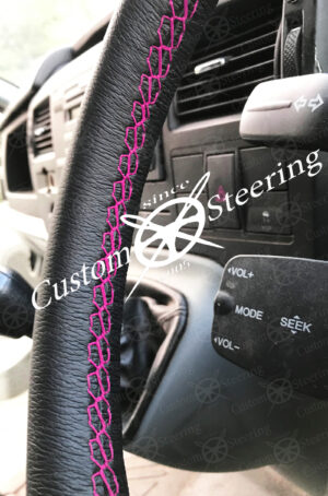 VOLKSWAGEN POLO MK3 6N 1994-2002 REAL BLACK LEATHER STEERING WHEEL COVER PINK STITCHING - Image 2