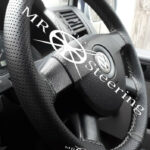 VW TRANSPORTER T5 PERFORATED LEATHER STEERING WHEEL COVER WHITE STITCH