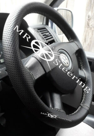 VW TRANSPORTER T5 PERFORATED LEATHER STEERING WHEEL COVER WHITE STITCH