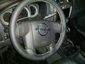 For CHEVROLET T-SERIES 11-15 Real Black Leather Steering Wheel Cover Grey Stitch