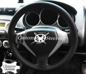 HONDA JAZZ REAL BLACK ITALIAN LEATHER STEERING WHEEL COVER 2004-2012