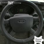 FORD TRANSIT MK7 06-12 Black Leather Steering Wheel Cover with White Stitch