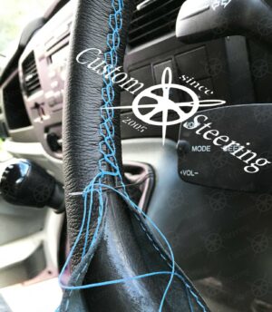 FORD TRANSIT MK7 06-12 Black Leather Steering Wheel Cover with Blue Stitch - Image 6