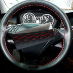 BMW 3 SERIES E90 E91 REAL BLACK ITALIAN LEATHER STEERING WHEEL COVER RED STITCHING 2005-2011