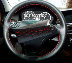 BMW 3 SERIES E90 E91 REAL BLACK ITALIAN LEATHER STEERING WHEEL COVER RED STITCHING 2005-2011